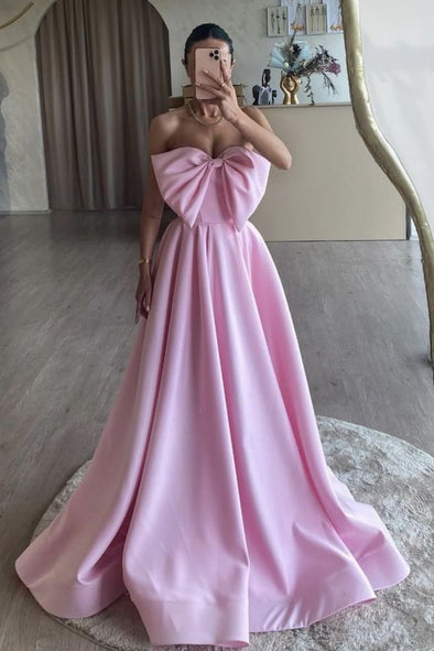 A-Line Pink Satin Long Prom Dress, Pink Long Formal Dress