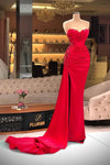 Mermaid Red Satin Evening Dress Sweetheart Pleates Slit Beads Gown