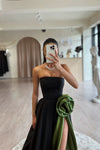 Black And Green Long A Line Satin Evening Prom Gown