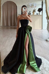 Black And Green Long A Line Satin Evening Prom Gown