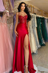 Red Spaghetti-Straps Prom Dress Mermaid Split Long With Sequins