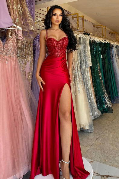 Red Spaghetti-Straps Prom Dress Mermaid Split Long With Sequins