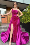 Fuchsia Long Sheath Sequins Evening Dress With Detachable Skirt