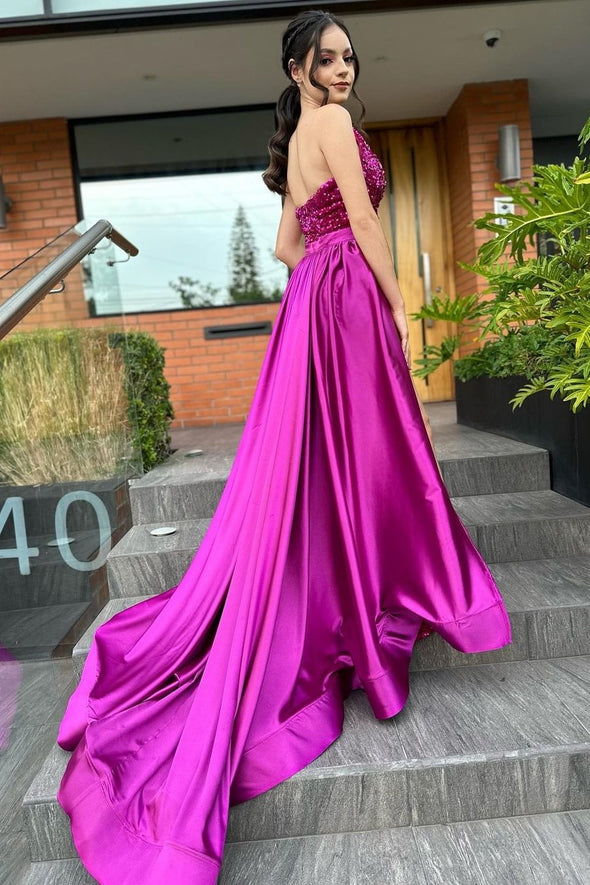 Fuchsia Long Sheath Sequins Evening Dress With Detachable Skirt