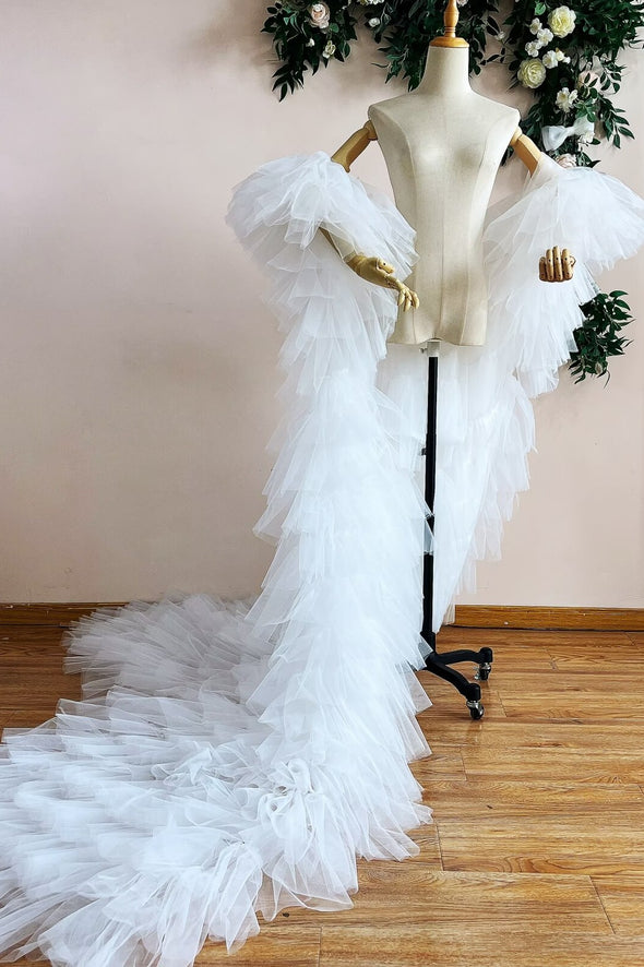 White Tiered Tulle Winter Long Wedding Cape Outfit