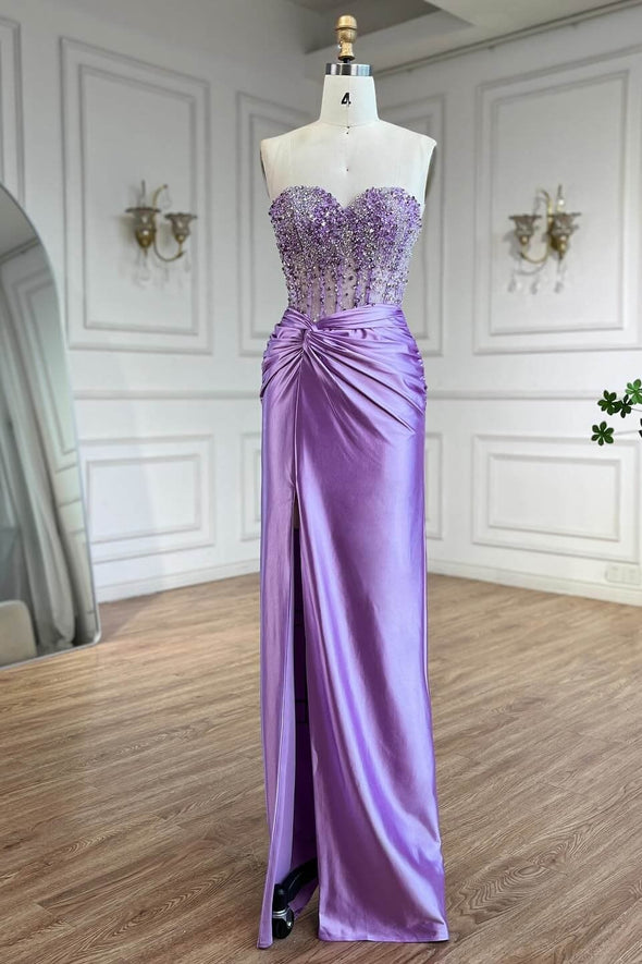 Bling Bling Crystal Beads Long Lavender Evening Dress