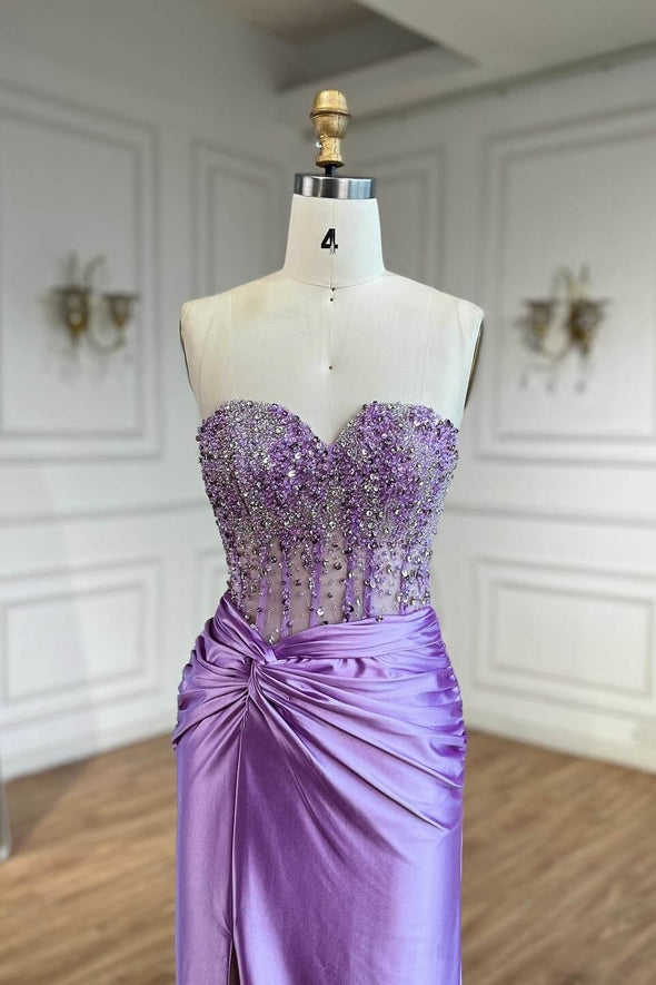 Bling Bling Crystal Beads Long Lavender Evening Dress