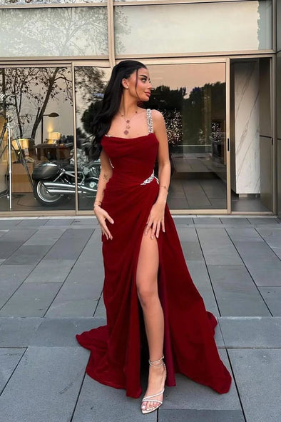 Burgundy Sleeveless Mermaid Prom Party Dress With Split Beads