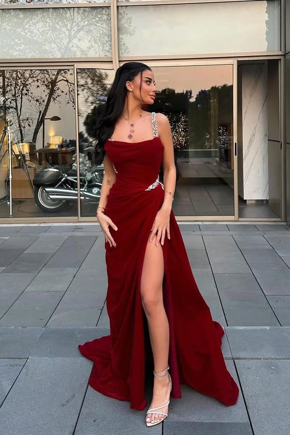 Burgundy Sleeveless Mermaid Prom Party Dress With Split Beads