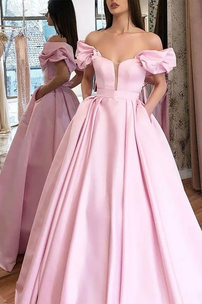 Pink Off The Shoulder A Line Long Prom Dresses