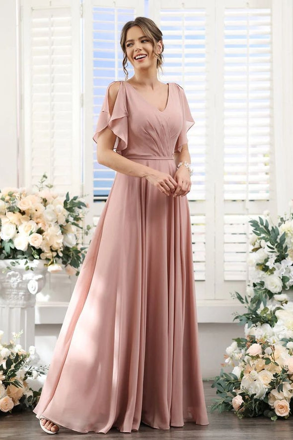 Dusty Pink Chiffon A Line Long Bridesmaid Gown Split