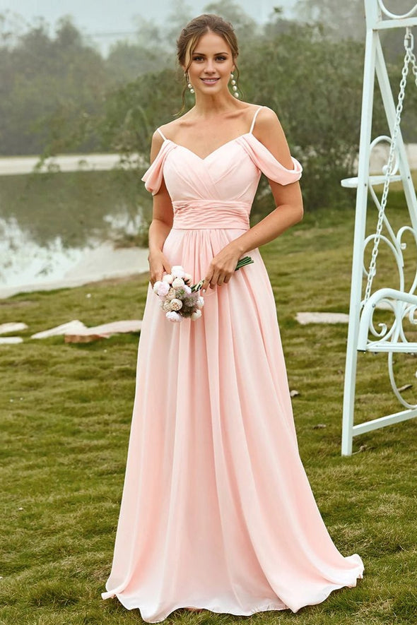 Pink Long Chiffon A Line Bridesmaid Dress Off The Shoulder