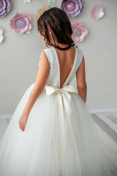 V Back Ball Gown Tulle Flower Girl Dress With Pearls