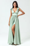 A Line Green Long Bridesmaid Dress With Ruffles