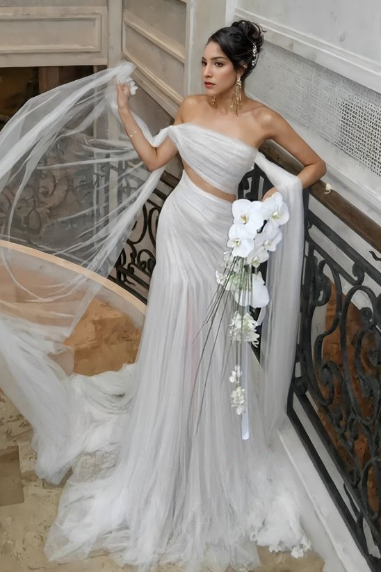 Tulle Mermaid Long Wedding Dress With Slit