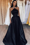 Halter Neck Black Satin Prom Dress