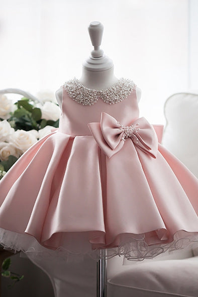 Pink Satin Ball Gown Flower Girl Dress With Pearls