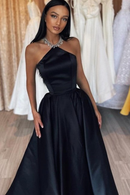 Halter Neck Black Satin Prom Dress