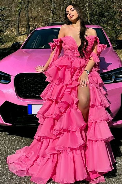 Hot Pink Deep V Tiered Long Prom Dress With Split