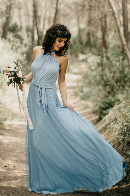 Fairy Long Modest Light Blue Bridesmaid Dresses