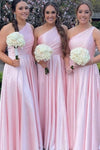 One Shoulder A Line Pink Long Bridesmaid Dress Side Zipper