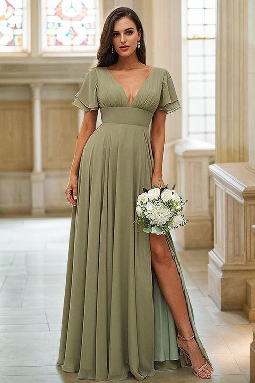 V Neck Chiffon Dusty Sage Long Bridesmaid Dress