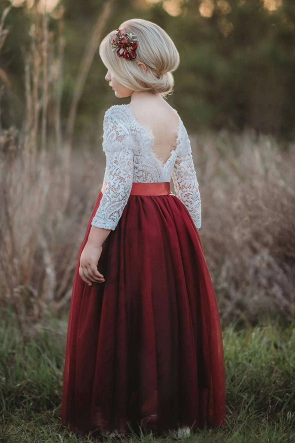 V Back Long Sleeves Lace Tulle Flower Girl Dress