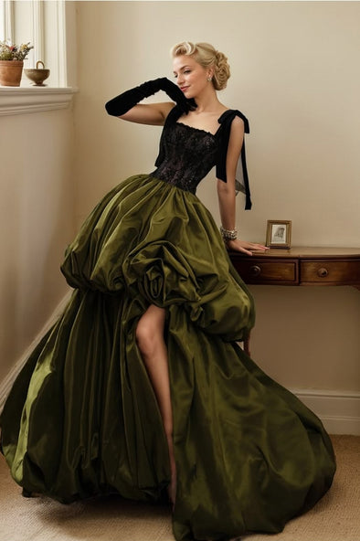 Vintage Green Satin High Split Prom Dress