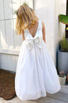 White Taffeta Tulle A Line Flower Girl Dress With Bow Back