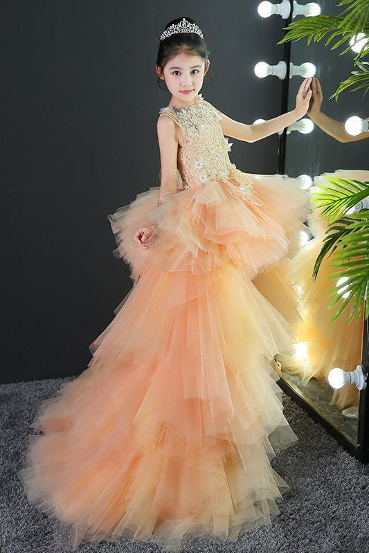 Girl Party Gown Lace Tulle With Detachable Train