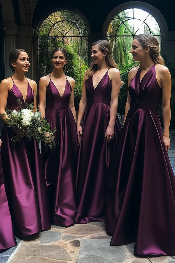 Purple Satin Long A Line Bridesmaid Dress