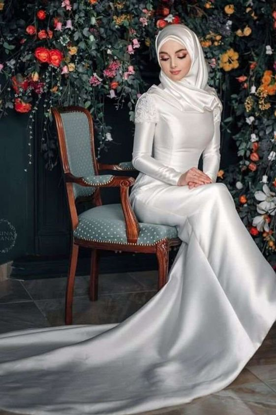 Arabic Long Mermaid Satin Wedding Dress With Sleeves