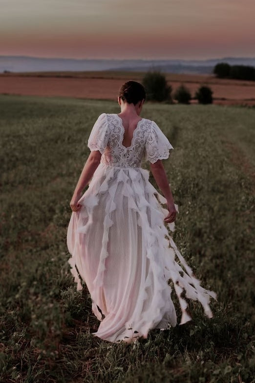 Lace Bohemian Long Wedding Dress V Back With Ruffles