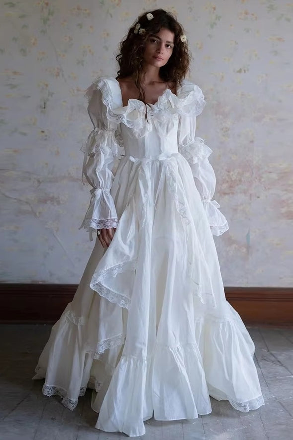 Off The Shoulder Taffeta Long Wedding Dress With Sleeves TSWD354