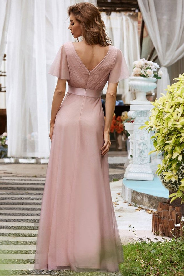 Modest Short Sleeves A Line Tulle Dusty Pink Bridesmaid Dress