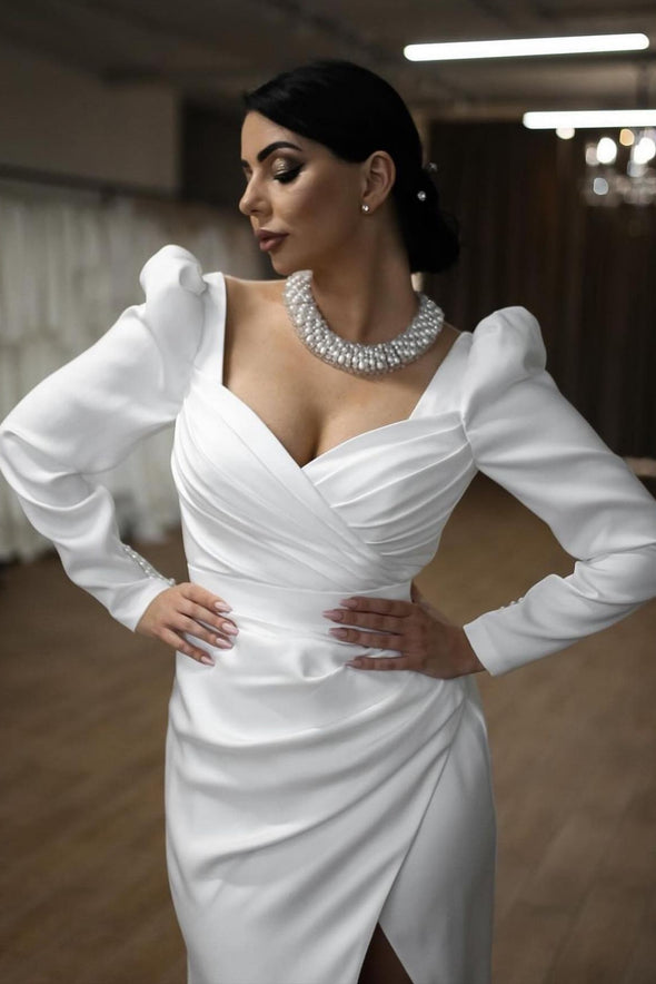 Long Puff Sleeves Sweettheart Soft Satin Mermaid Wedding Dresses