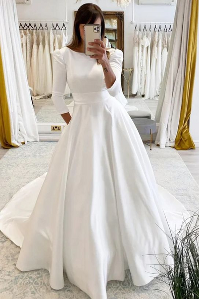 Satin Ball Gown Wedding Dress Backless With Pockets