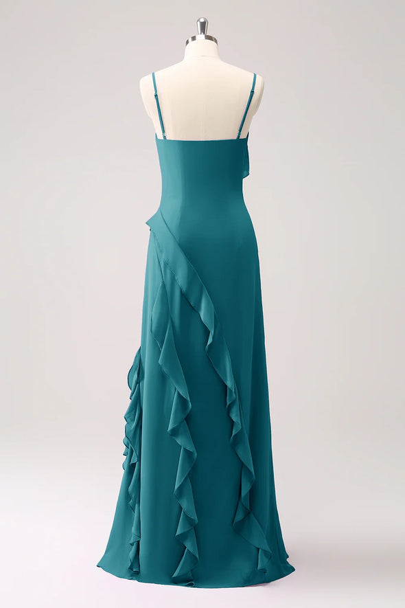 Spaghetti Strap A Line Teal Long Chiffon Bridesmaid Dress