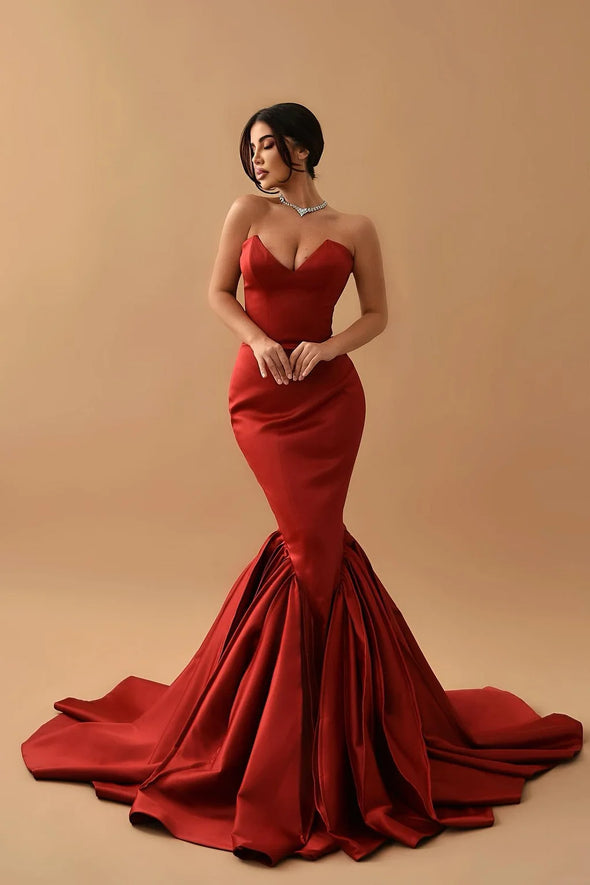 Red Mermaid Evening Dress Sweetheart Long Ruffle Bottom