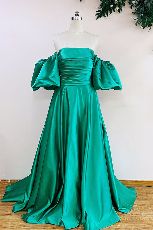 A Line Strapless Sage Green Satin Prom Dress With Detachable Sleeves