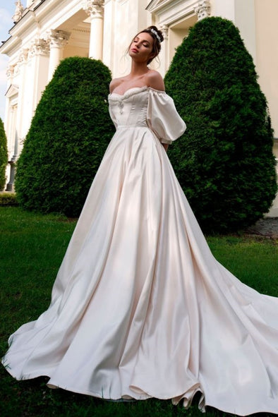 Luxury Satin Long Wedding Dress With Train