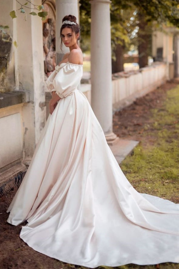 Luxury Satin Long Wedding Dress With Train