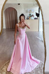 Pink Long Satin A Line Evening Gown Crystal Prom Dress