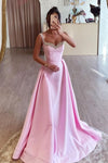 Pink Long Satin A Line Evening Gown Crystal Prom Dress