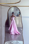 Pink Long Satin A Line Evening Gown Crystal Prom Dress