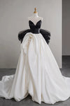 A-Line V Neck Satin Tulle White/Black Long Wedding Dress