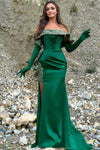 Green Off-the-Shoulder Mermaid Prom Dress With Split Beadings