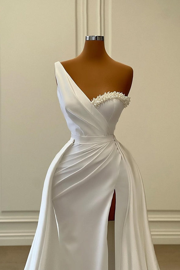 One Shoulder Long Mermaid Wedding Dress With Detachable Train