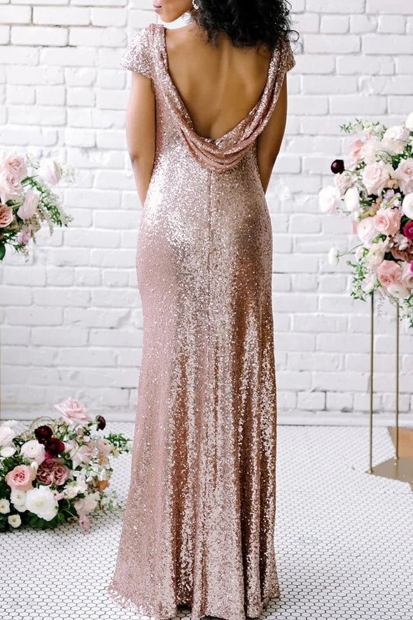 Rose Gold Sequins Long Bridesmaid Dress Backless