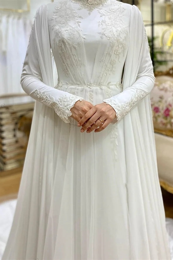 Muslim Wedding Dress A Line Lace Appliques Bridal Gown